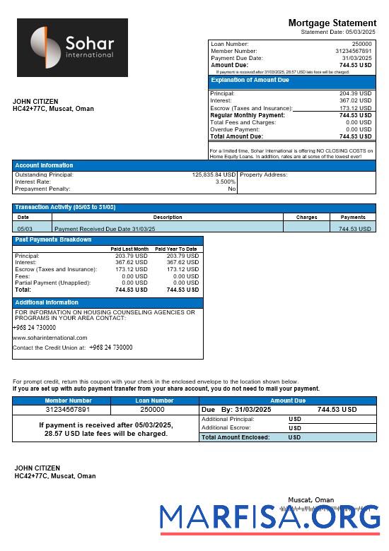 Downloadable Omani Sohar International mortgage statement in Word and PDF formats real example
